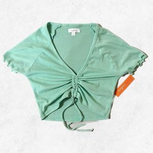 COLSIE Mint Crop Top Short Sleeves Stretch Shirred Front Size S V‎ Neck NWT